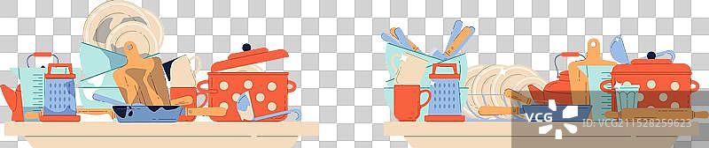 一堆脏碗碟和洗净的碗碟图片素材