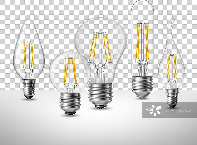 逼真的灯丝LED灯泡套装图片素材