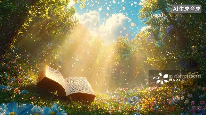 【AI数字艺术】阳光照射森林中的打开书籍图片素材