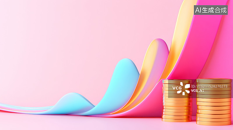 【AI数字艺术】3D金币货币存款储蓄图表上涨理财金融经济银行商务粉色背景图片素材