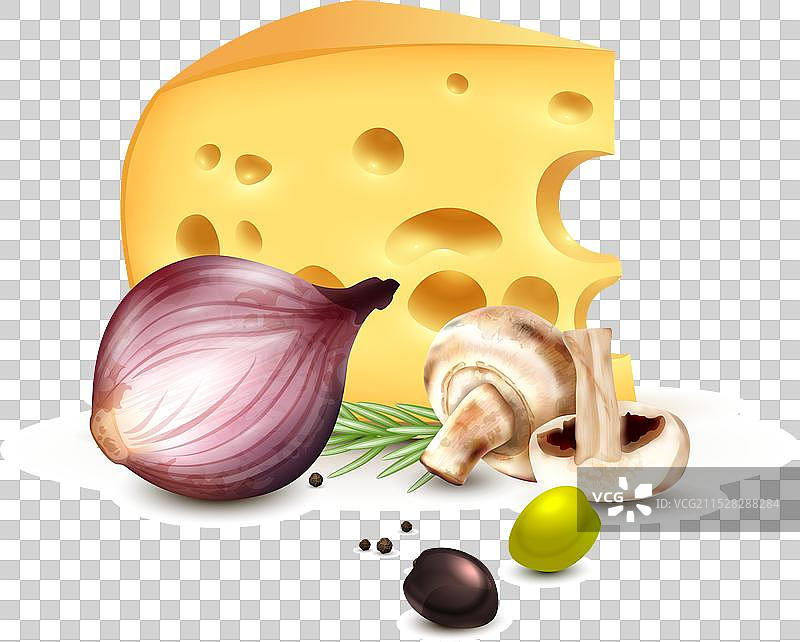 奶酪、洋葱、橄榄的逼真背景海报图片素材