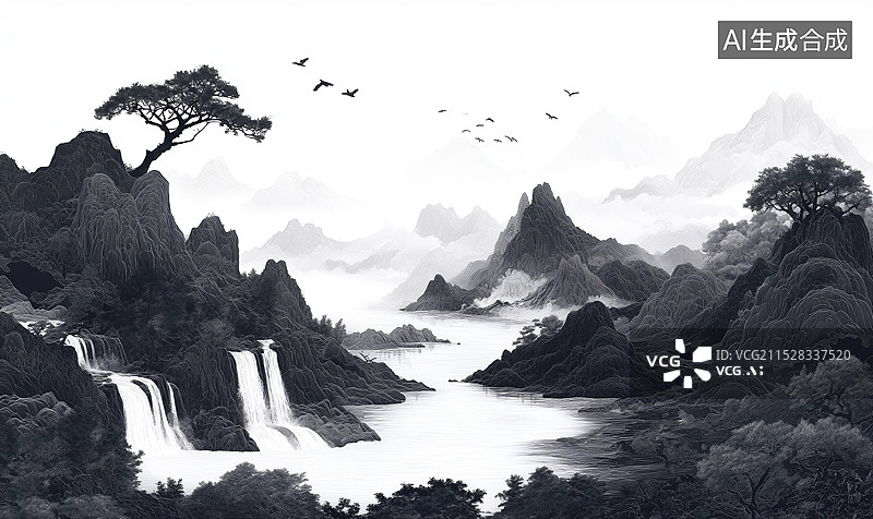 【AI数字艺术】新中式黑白山水插画图片素材