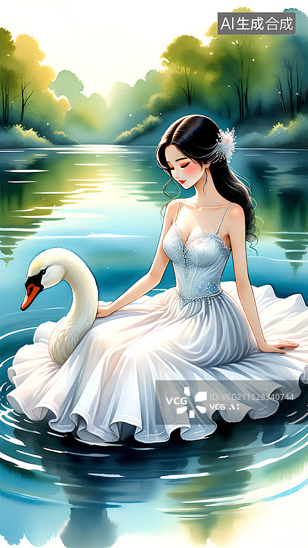 【AI数字艺术】人物主题水彩插画 坐在湖边的年轻女人和白天鹅图片素材