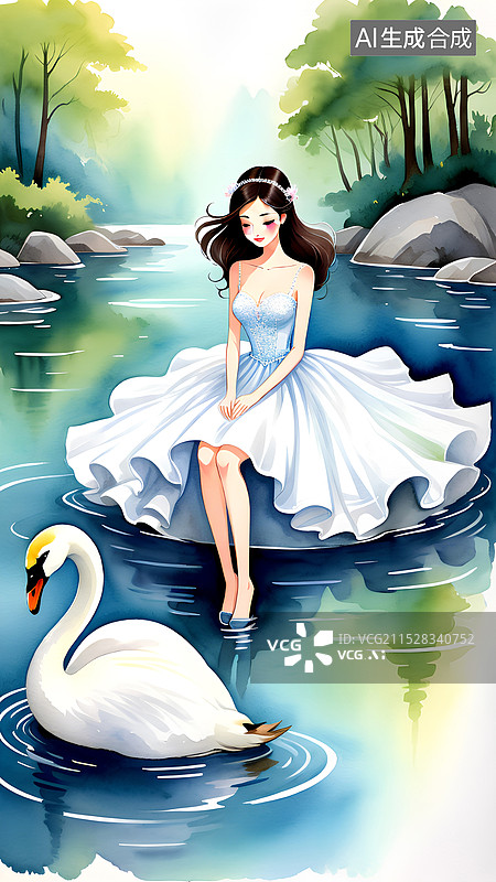 【AI数字艺术】人物主题水彩插画 坐在湖边的年轻女子和白天鹅图片素材