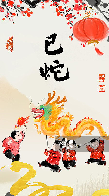 2025年传统文化蛇年水墨中国风人物插画吉祥如意年画图片素材