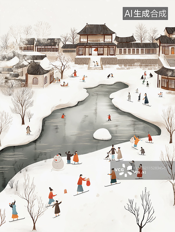 【AI数字艺术】冬日滑雪 冰场 插画图片素材