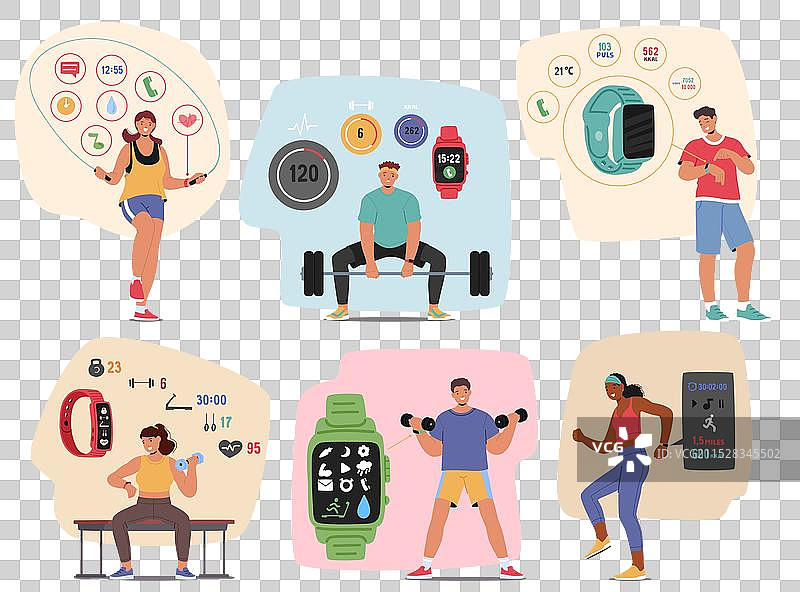 一组人正在使用智能手表和健身应用程序图片素材