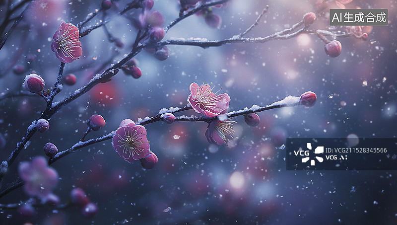 【AI数字艺术】冬天腊梅绽放在大雪中图片素材
