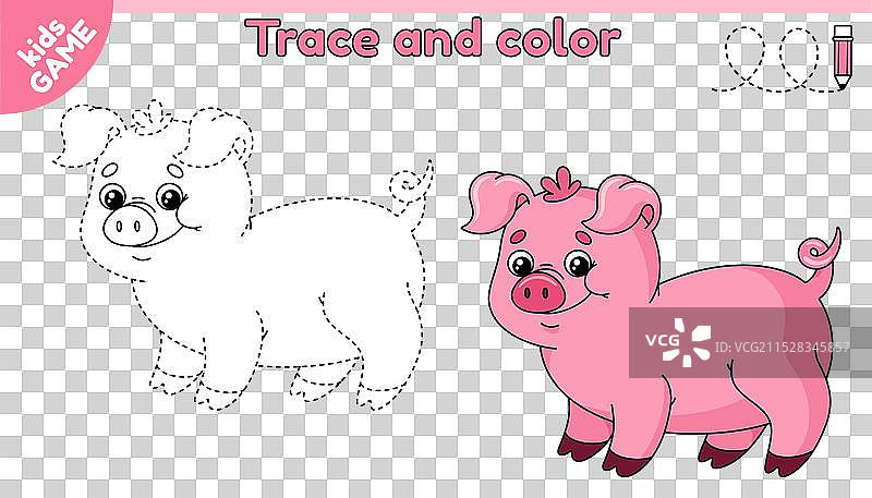 孩子们在玩一个描摹线条的游戏，背景是一只大卡通猪。图片素材