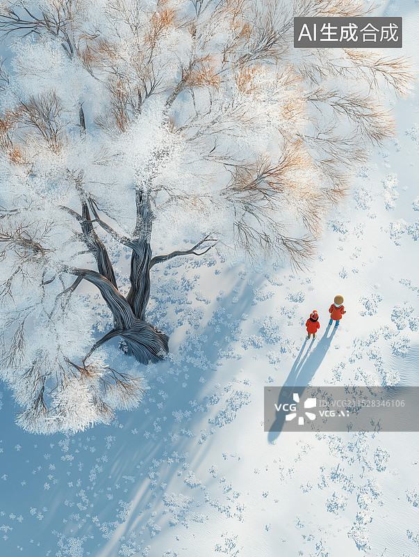 【AI数字艺术】鸟瞰 雪地上走过的脚印图片素材