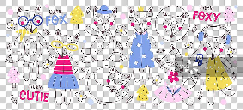 可爱的儿童狐狸角色轮廓套装图片素材