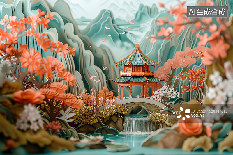 【AI数字艺术】多维剪纸风格中国古典小桥流水山水插画图片素材