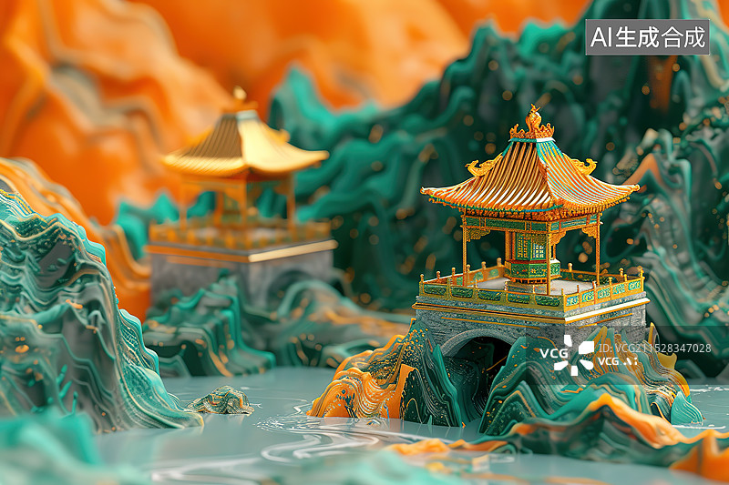 【AI数字艺术】金镶玉风格3D微缩中式立体山水画图片素材