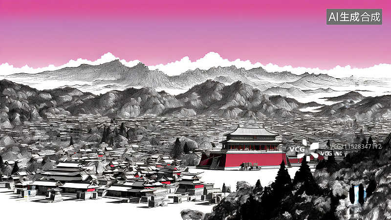 【AI数字艺术】中国画写意插画 宏伟的古建筑图片素材