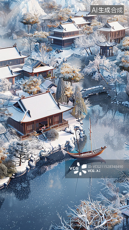 【AI数字艺术】冬天大雪后的苏州园林雪景图片素材