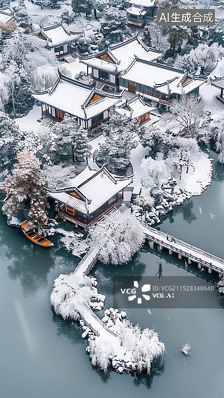 【AI数字艺术】冬天大雪后航拍苏州园林雪景图片素材