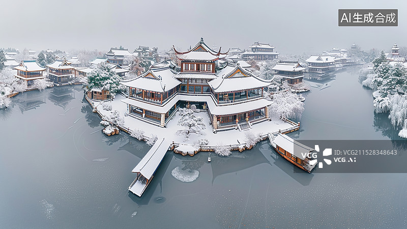 【AI数字艺术】冬天大雪后航拍苏州园林雪景图片素材