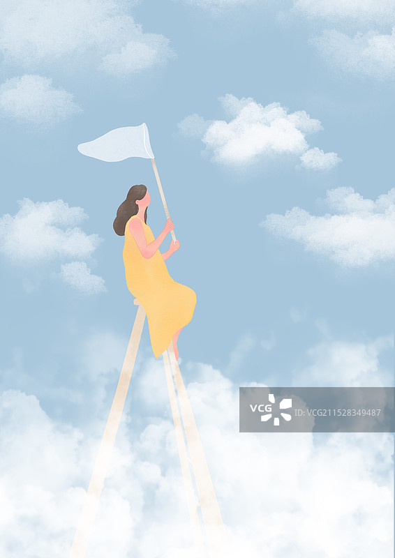 复古女孩捕云风景插画图片素材