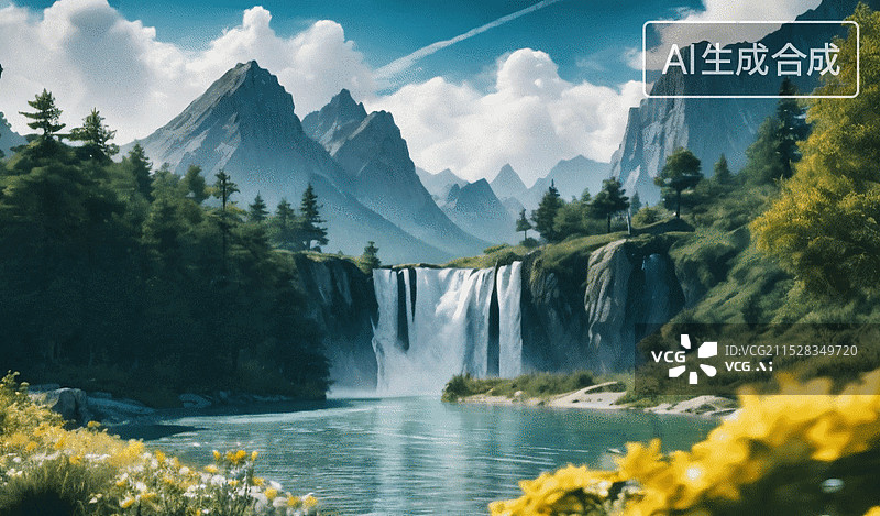 【AI数字艺术】山间瀑布图片素材