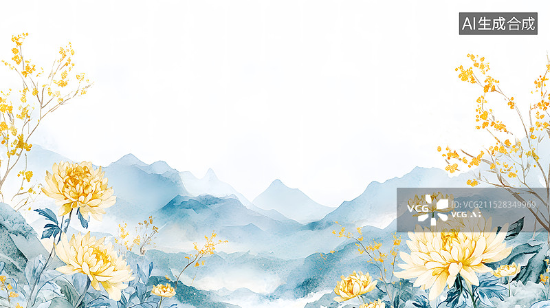 【AI数字艺术】AIGC：秋天的菊花，高山，国风水墨山水画，传统文化背景插图图片素材