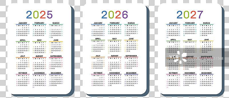 2025、2026和2027年日历套装口袋日历图片素材