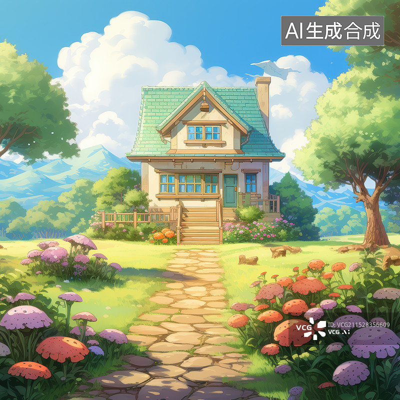 【AI数字艺术】童话森林里的卡通小屋的美丽风景插画背景图图片素材