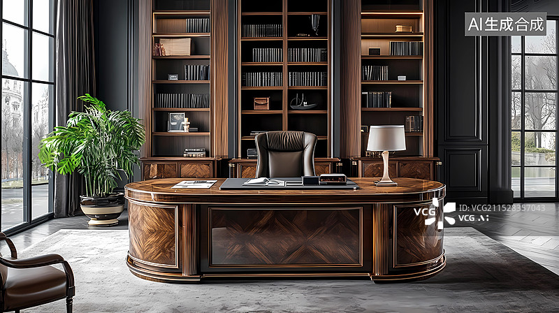 【AI数字艺术】超大简洁高档商务办公室桌椅书架图片素材