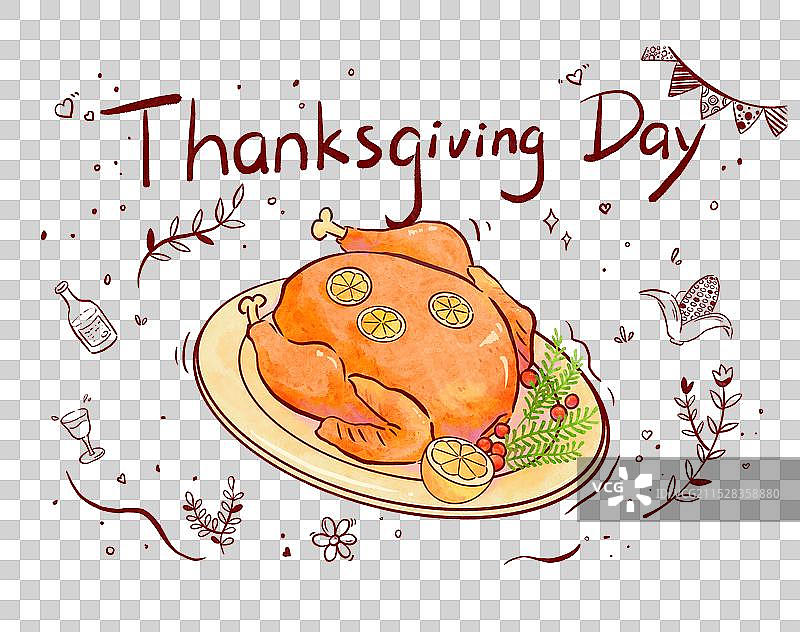 感恩节烤火鸡手绘插画图片素材