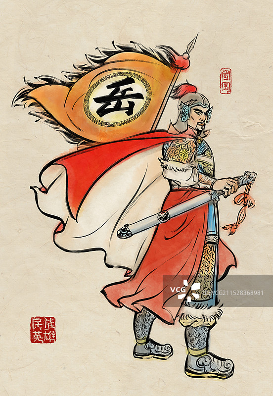 写意人物描线毛笔画男将军站姿正面仿古纸纹理做旧古风画像岳飞图片素材