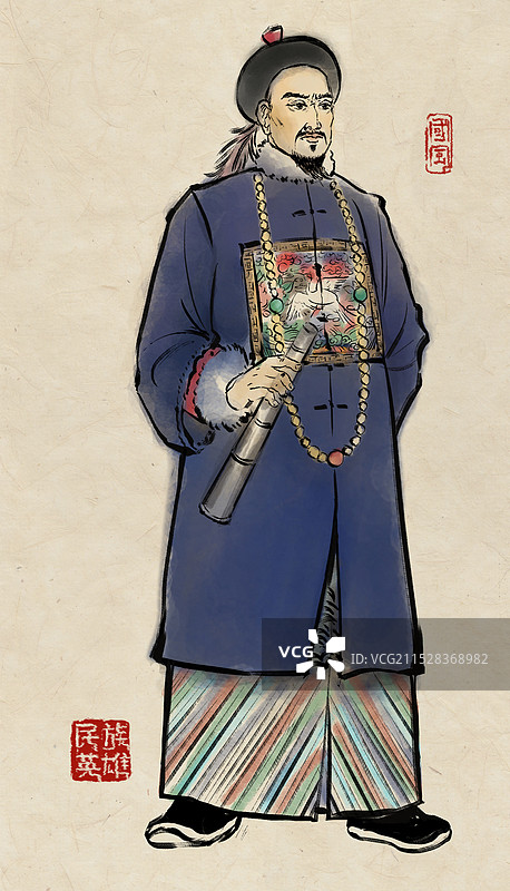 意人物描线毛笔画站姿清朝官员正面男官服仿古纸纹理做旧古风画像林则徐图片素材
