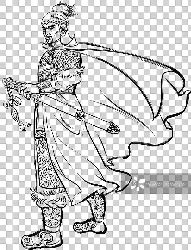 写意人物描线毛笔画民族英雄站姿宋朝官员仿古纸纹理做旧正面男古风画像岳飞图片素材