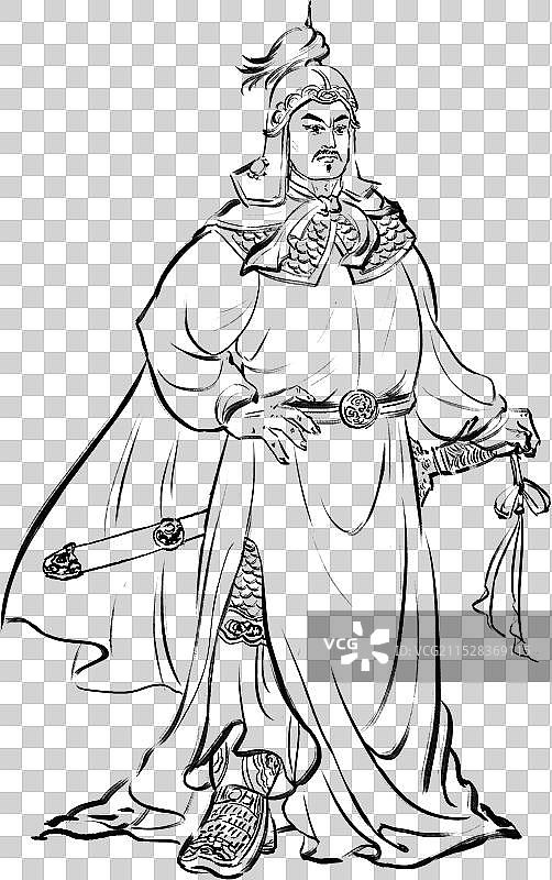 写意人物描线毛笔画拿剑盔甲披风男正面古风画像郑成功图片素材