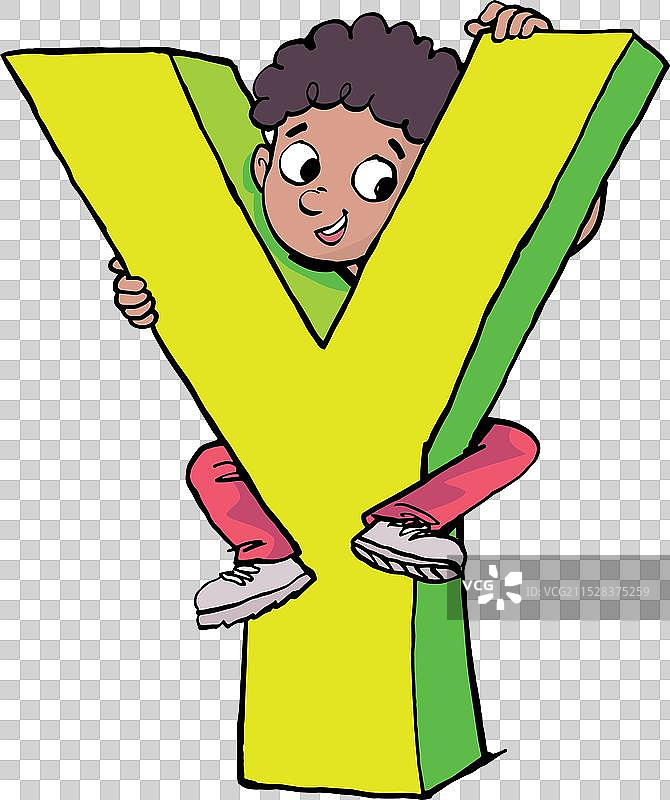 男孩爬上大写字母Y图片素材