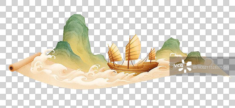 古法帆船国风山水插画免抠图片素材