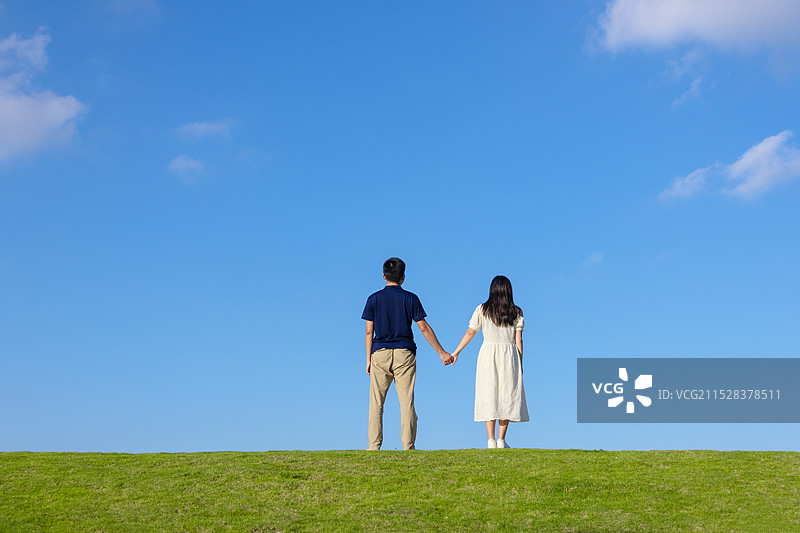 草地上一对手拉手的年轻夫妇背影图片素材