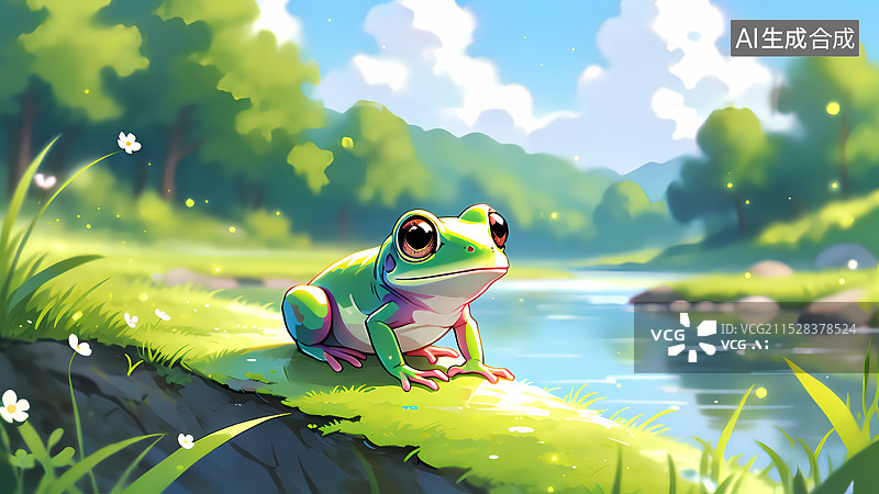 【AI数字艺术】春天河边的青蛙插画图片素材