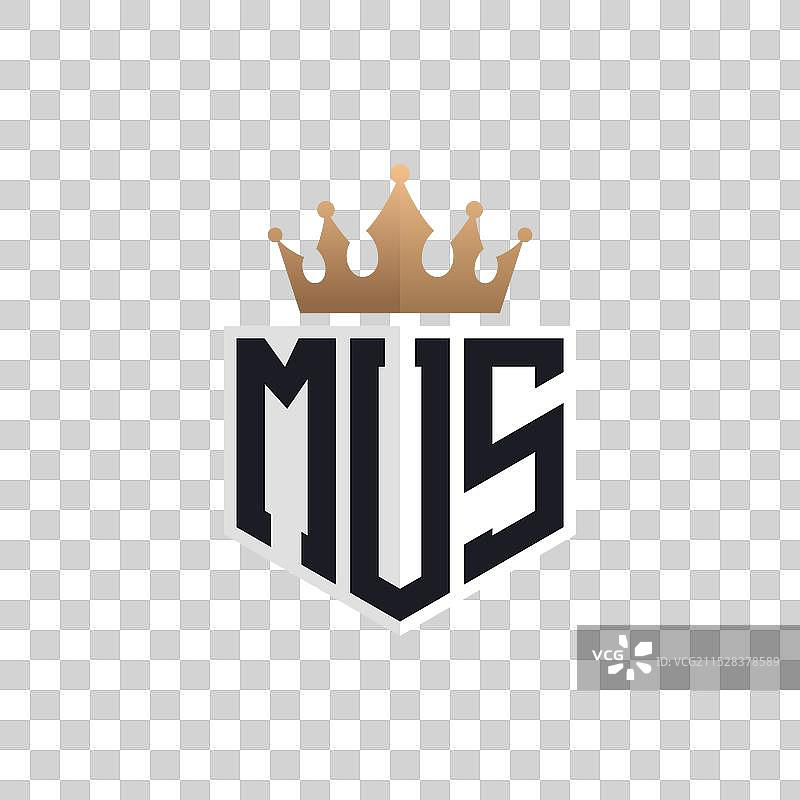 奢华的 MUS 标志，配有皇冠和优雅的首字母 M U S图片素材