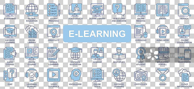 双色轮廓线条的在线学习图标集图片素材