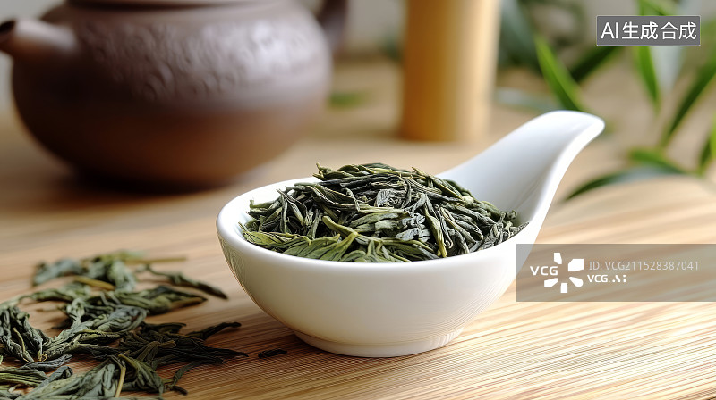 【AI数字艺术】木桌上龙井茶叶和茶具特写，茶道概念图片素材