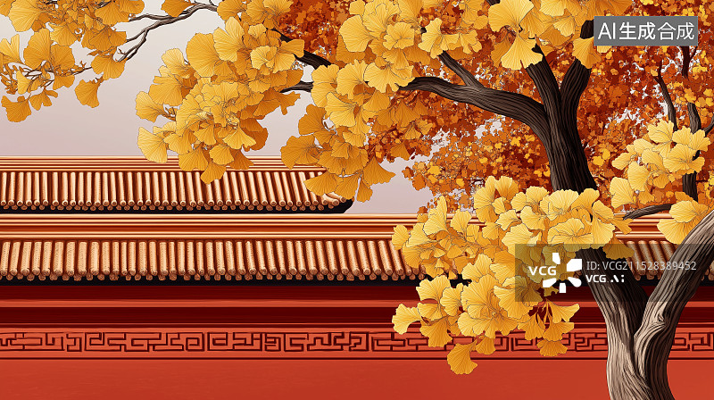 【AI数字艺术】秋天中国传统红色古建筑与银杏插画图片素材
