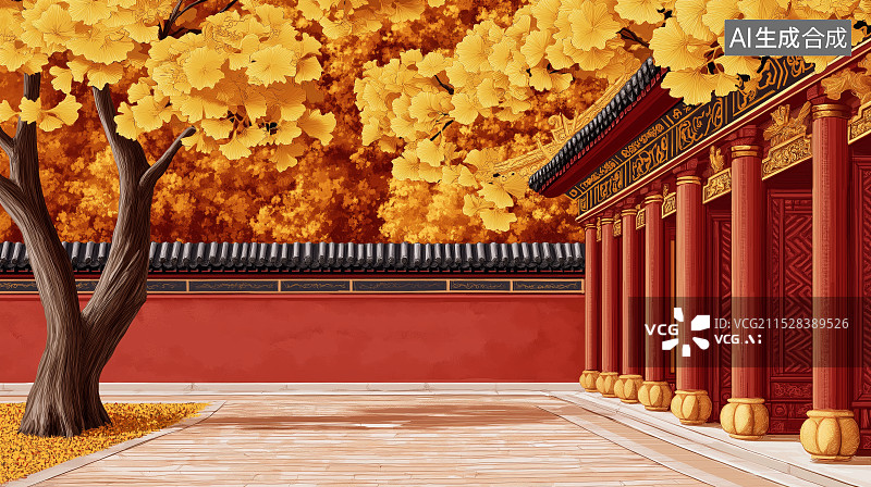 【AI数字艺术】秋天中国传统红色古建筑与银杏插画图片素材