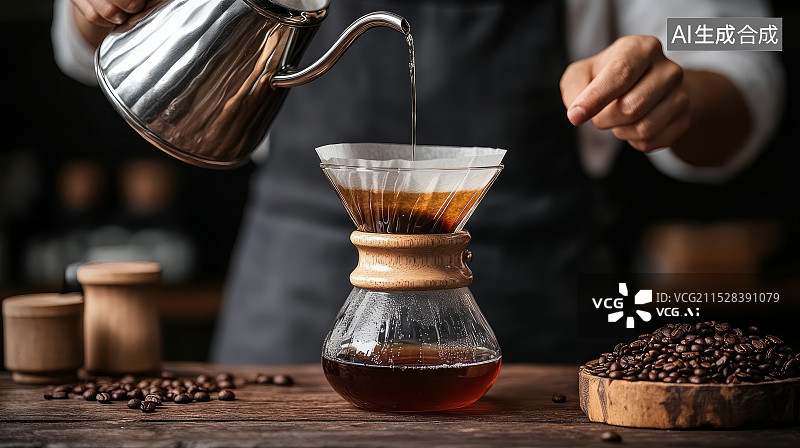 【AI数字艺术】一名咖啡师制作现磨手冲咖啡图片素材