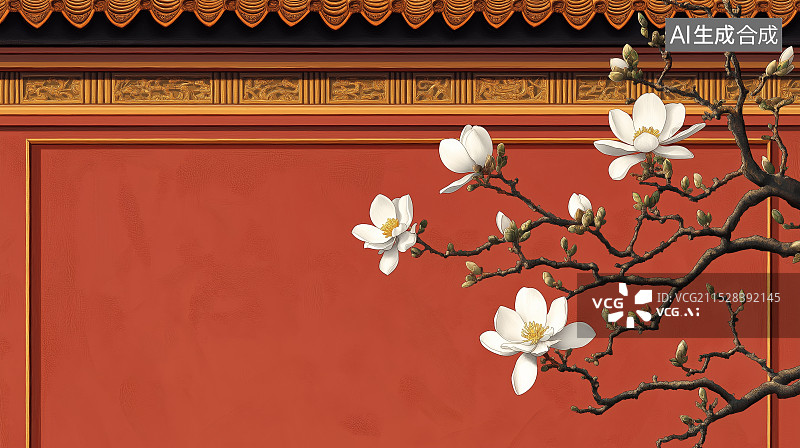 【AI数字艺术】红色中国古建筑为背景的玉兰花插画图片素材