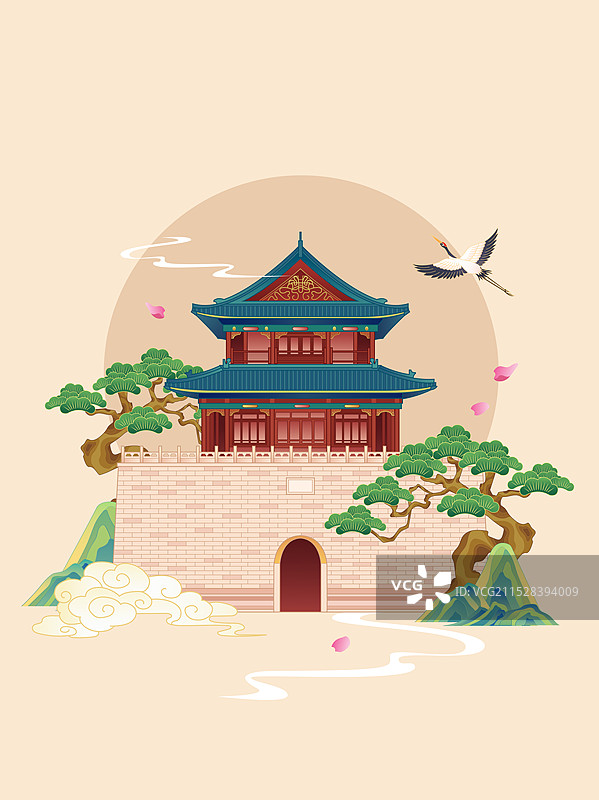 国风国潮风天津城市印象地标古建筑天津鼓楼插画图片素材