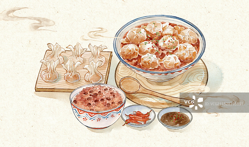 冬至馄饨云吞饺子汤圆红豆饭节气中国传统美食—国画古风水墨国风插画图片素材