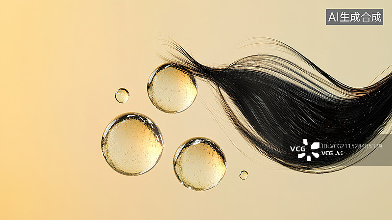 【AI数字艺术】画面中间飘动的一根黑色头发丝几个不规则金色透明精华液球体淡黄色渐变背景护发精油美容产品图片素材