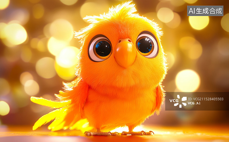 【AI数字艺术】一只色彩鲜艳的鹦鹉，背景模糊且充满光斑效果。鹦鹉的羽毛主要是橙色和黄色，眼睛大而明亮，显得非常可爱。图片素材