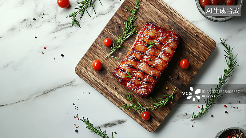 【AI数字艺术】一块牛排牛肉放在木砧板上角度顶视图三维渲染大理石桌面背景烹饪美食爱好者和肉食主义者图片素材