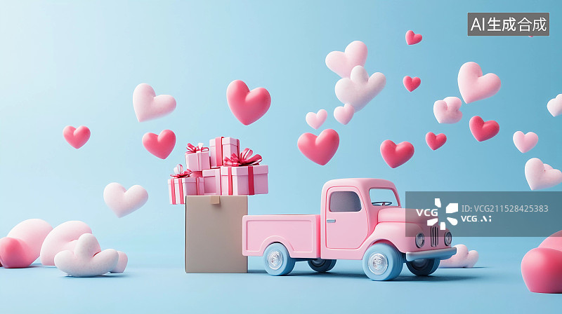 【AI数字艺术】运输礼品快递的粉色卡车购物节促销概念插画图片素材