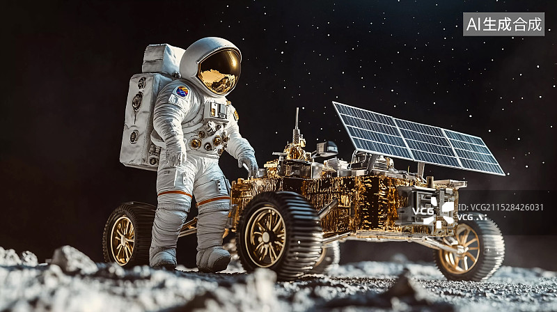 【AI数字艺术】登月的宇航员地外文明探索概念插画图片素材